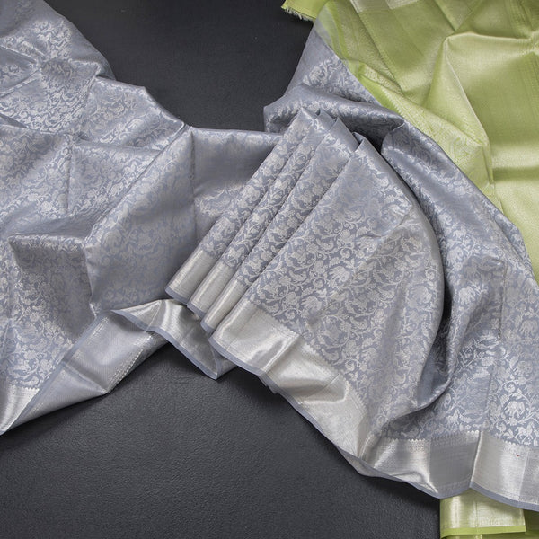 Grey Brocade Silk Saree In Silver Zari And Zari Border