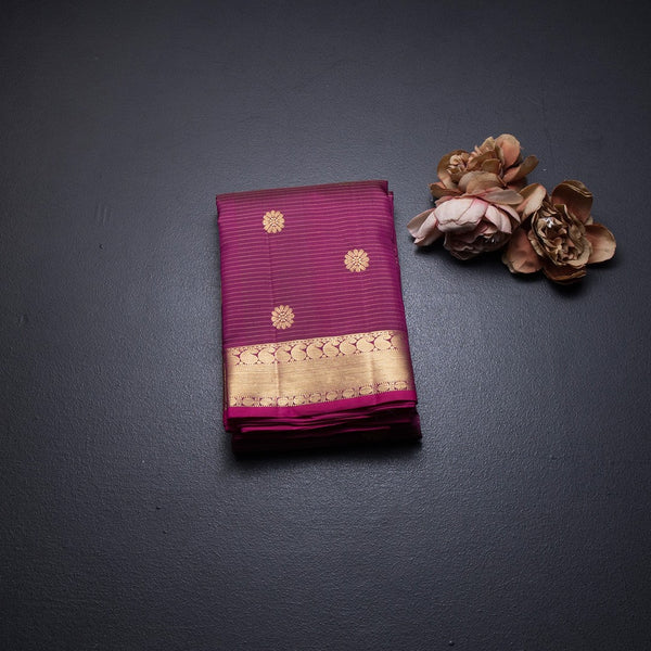 Dark Pink Striped Silk Saree With Floral Buttas And Zari Border