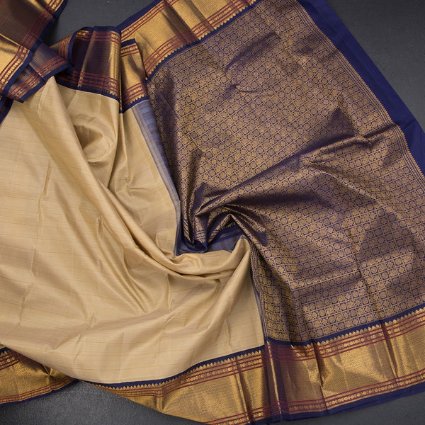 Beige Silk Saree With Stripes Design And Zig Zag Zari Border