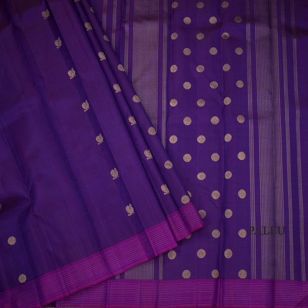 Purple Silk Saree With Peacock And Chakra Buttas And Stripes Border 02