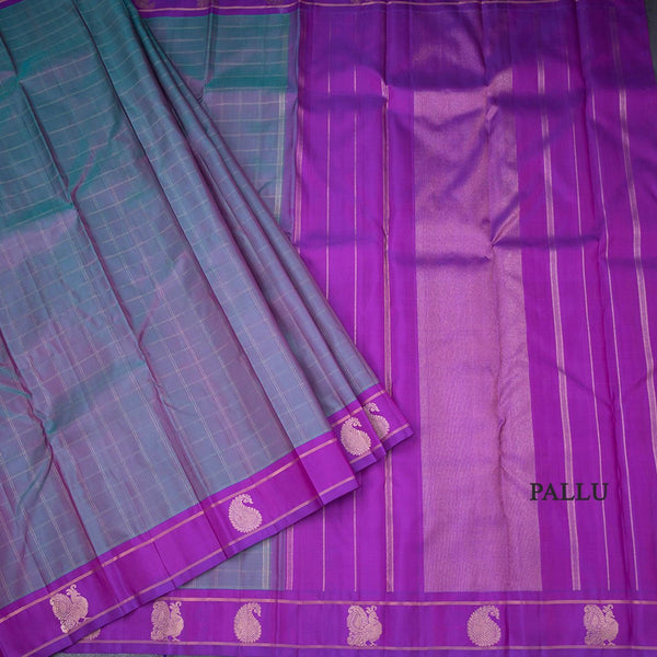 Shot Colour Checked Silk Saree And Peacock And Mango Buttas On Border 03