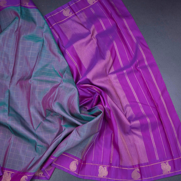 Shot Colour Checked Silk Saree And Peacock And Mango Buttas On Border 03