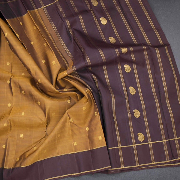 Golden Brown Silk Saree With Peacock And Chakra Buttas 
