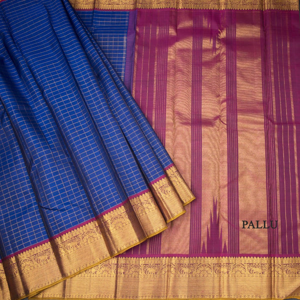 Dark Blue Checked Silk Saree And Gold Zari Border