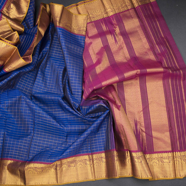 Dark Blue Checked Silk Saree And Gold Zari Border