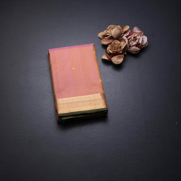 Peach Silk Saree With Small Buttas And Gold Zari Border