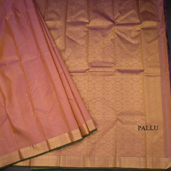 Peach Silk Saree With Small Buttas And Gold Zari Border
