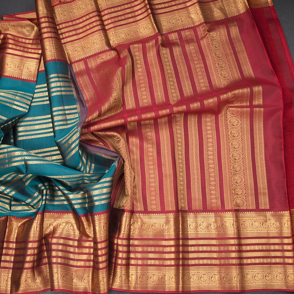 Peacock Green Silk Saree With Stripes Multi Design And Red Zari Border