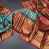 Peacock Green Silk Saree With Stripes Multi Design And Red Zari Border