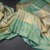 Sea Green Tissue Silk Saree With Floral And Birds Motif And Temple Border