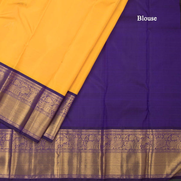 Mango Yellow Silk Saree With Love Birds Design And Purple Zari Border