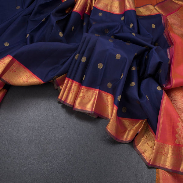 Navy Blue Silk Saree With Chakra Buttas And Gold Zari Border