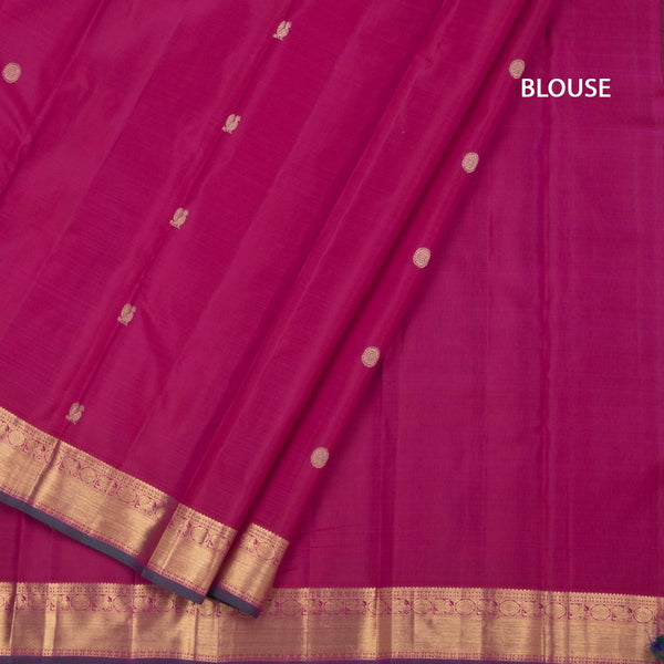 Reddish Pink Silk Saree With Peacock And Chakra Buttas And Gold Zari Border