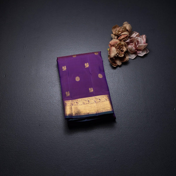 Purple Silk Saree With Peacock And Chakra Buttas And Gold Zari Border 02