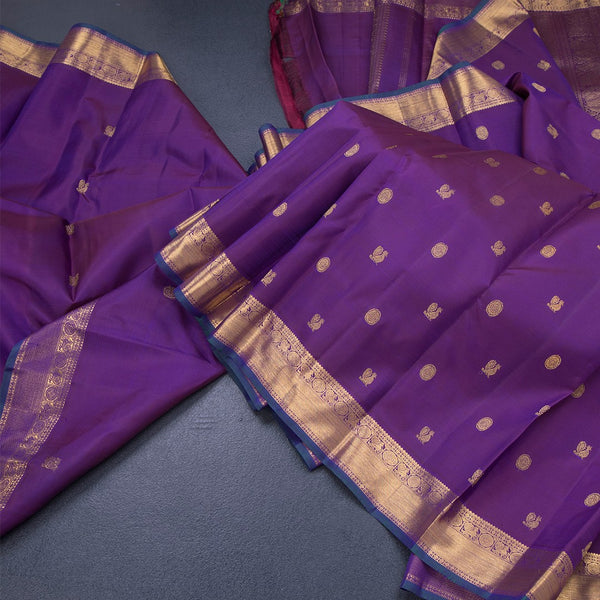 Purple Silk Saree With Peacock And Chakra Buttas And Gold Zari Border 02