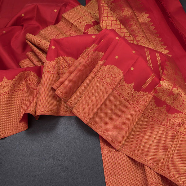 Red Silk Saree With Small Zari Buttas And Zari Border