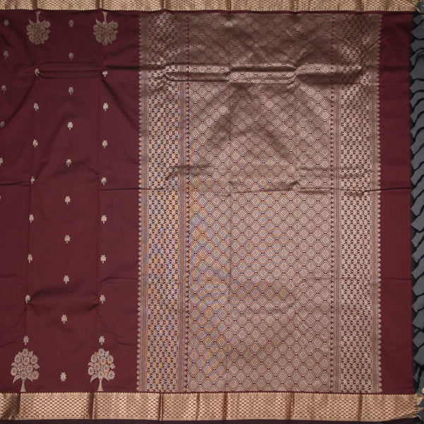 Semi Silk Maroon Saree With Floral And Tree Design And Zari Border
