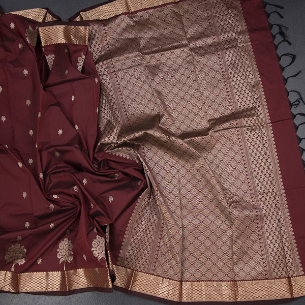 Semi Silk Maroon Saree With Floral And Tree Design And Zari Border