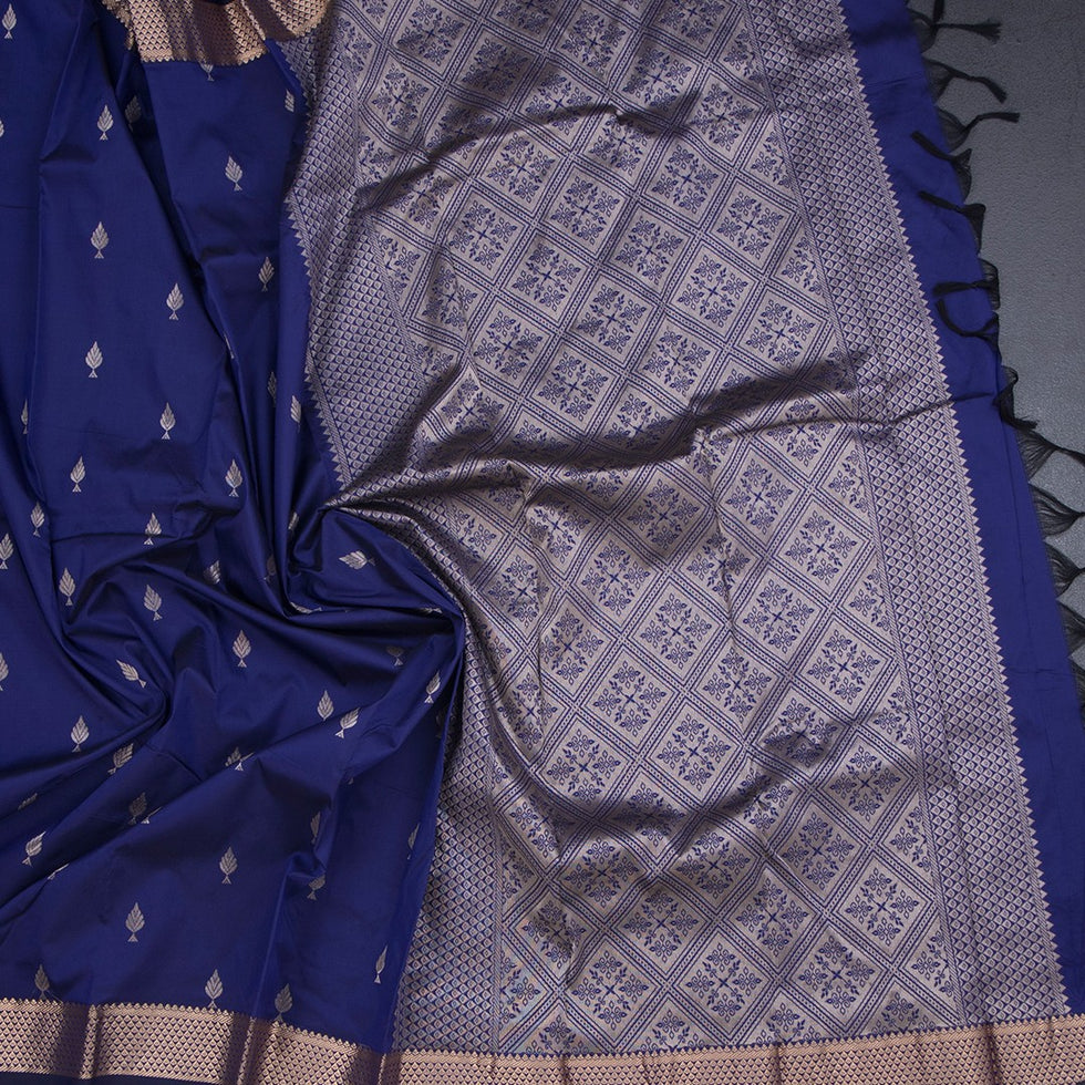 Semi Silk Royal Blue Silk Saree With Small Buttas And Zari Border - Kumaran Silks