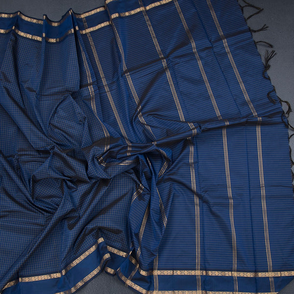 Semi Silk Dark Blue Checked Silk Saree And Rettapet Border