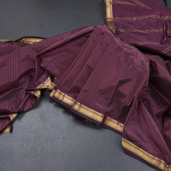 Semi Silk Purple Checked Silk Saree And Zari Border