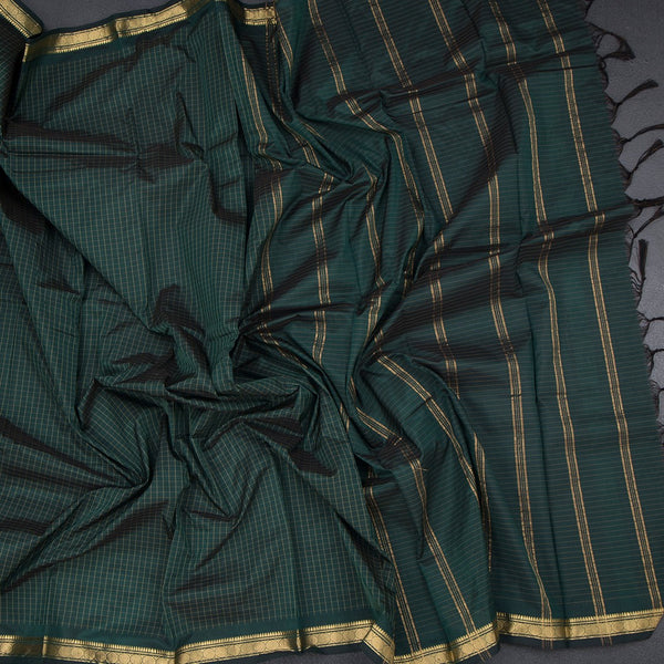 Semi Silk Bottle Green Checked Silk Saree And Zari Border