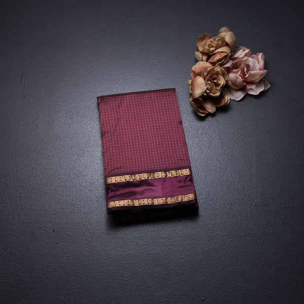 Semi Silk Wine Colour Checked Silk Saree And Rettapet Border