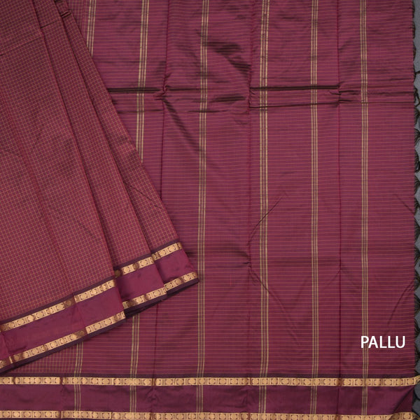 Semi Silk Wine Colour Checked Silk Saree And Rettapet Border