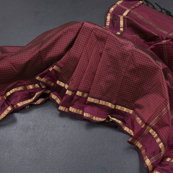 Semi Silk Wine Colour Checked Silk Saree And Rettapet Border