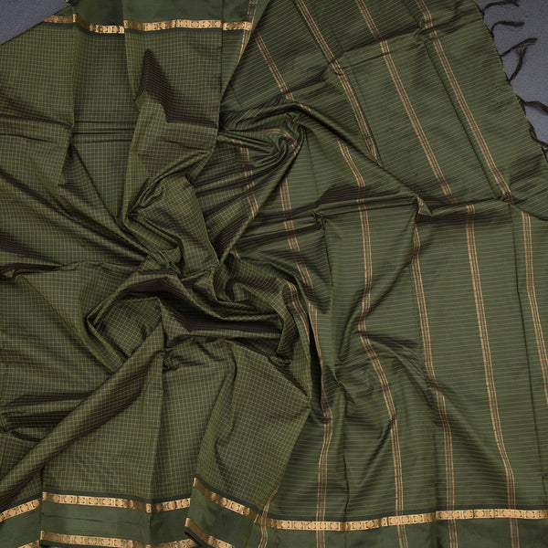 Semi Silk Olive Green Checked Silk Saree And Rettapet Border