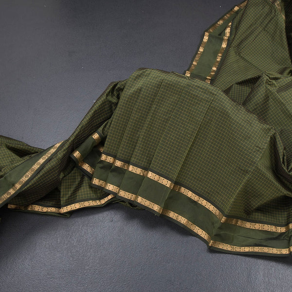 Semi Silk Olive Green Checked Silk Saree And Rettapet Border