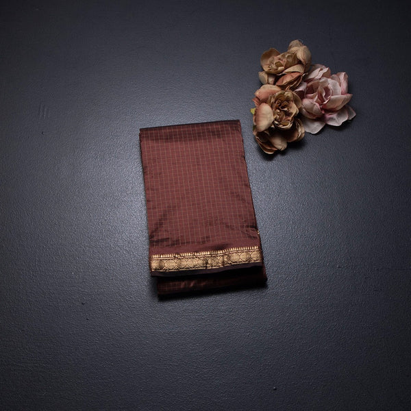 Semi Silk Cinnamon Brown Checked Silk Saree And Zari Border