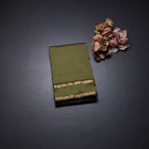 Semi Silk Olive Green Checked Silk Saree And Rettapet Border