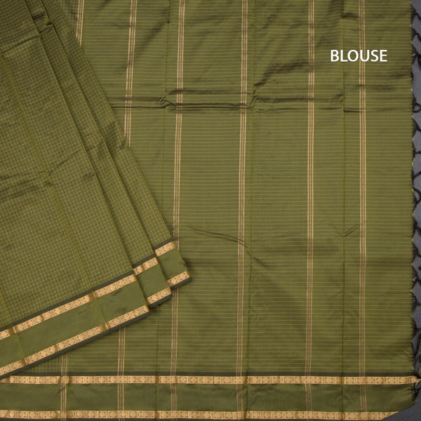 Semi Silk Olive Green Checked Silk Saree And Rettapet Border