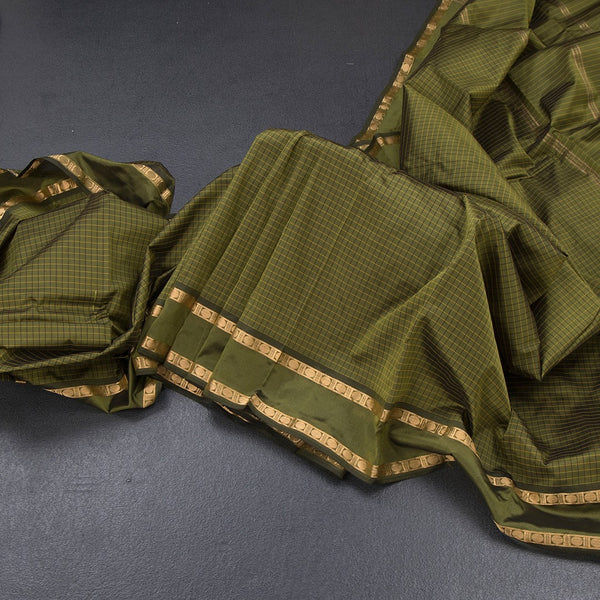 Semi Silk Olive Green Checked Silk Saree And Rettapet Border