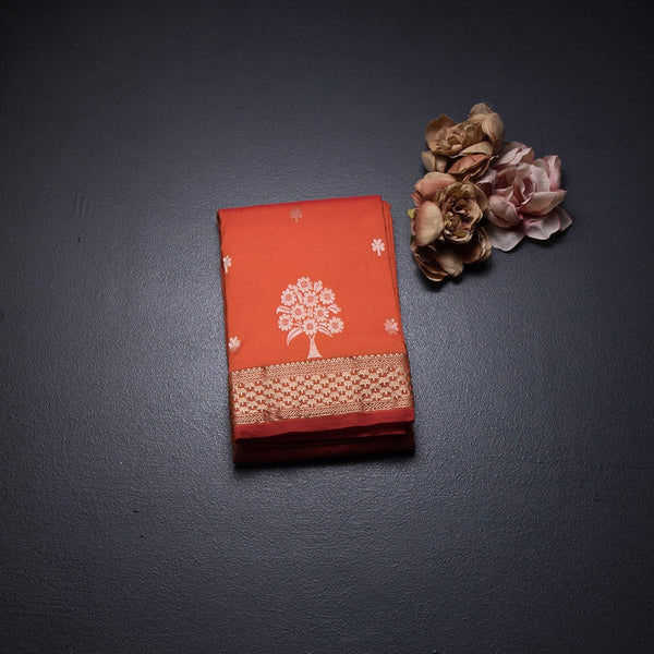 Semi Silk Fanta Orange Saree With Floral And Tree Design And Zari Border