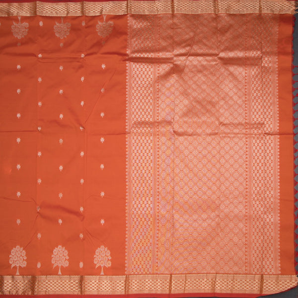 Semi Silk Fanta Orange Saree With Floral And Tree Design And Zari Border