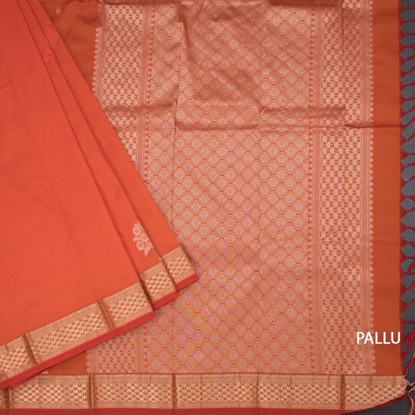 Semi Silk Fanta Orange Saree With Floral And Tree Design And Zari Border