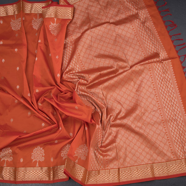 Semi Silk Fanta Orange Saree With Floral And Tree Design And Zari Border