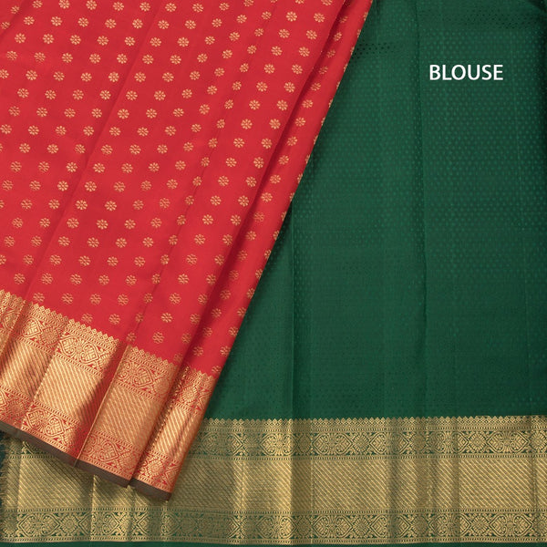 Red Silk Saree With Floral Zari Buttas And Gold Zari Border