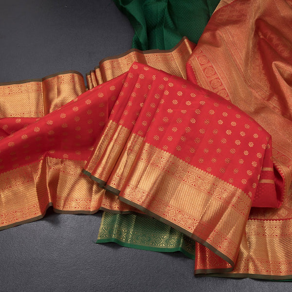 Red Silk Saree With Floral Zari Buttas And Gold Zari Border