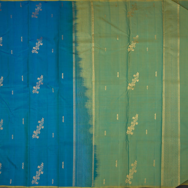Peacock Blue Borderless Silk Saree With Zari Buttas