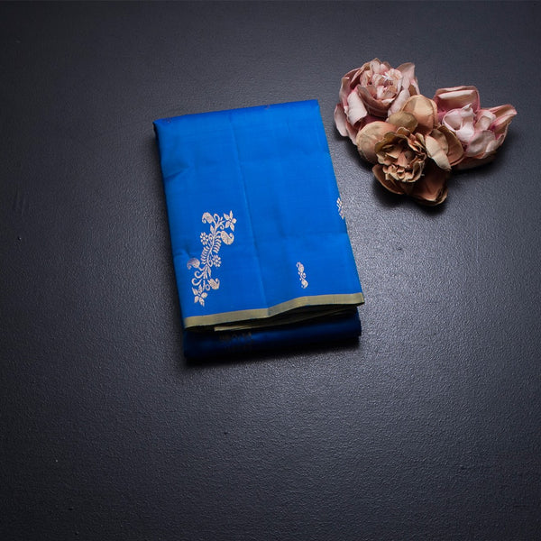 Royal Blue Borderless Silk Saree With Zari Buttas