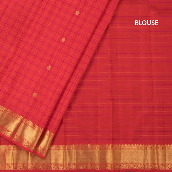 Red Thread Checked Silk Saree With Chakra Buttas And Gold Zari Border
