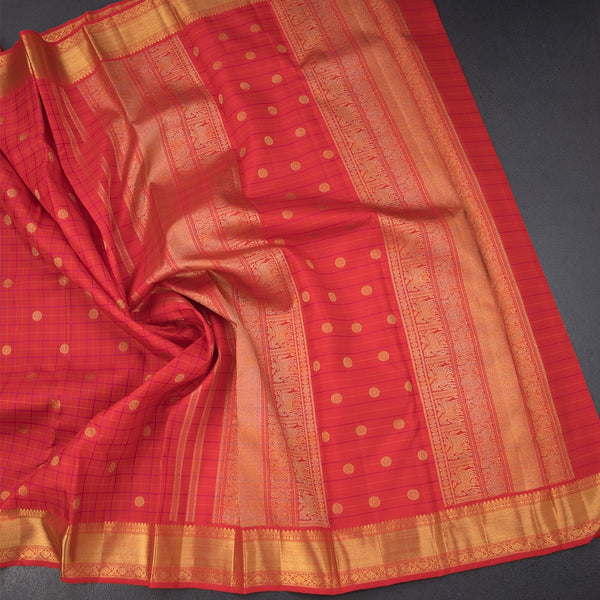 Red Thread Checked Silk Saree With Chakra Buttas And Gold Zari Border