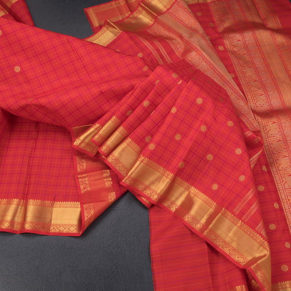 Red Thread Checked Silk Saree With Chakra Buttas And Gold Zari Border