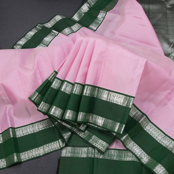 Light Pink Checked Silk Saree And Rettpet Silver Zari Border
