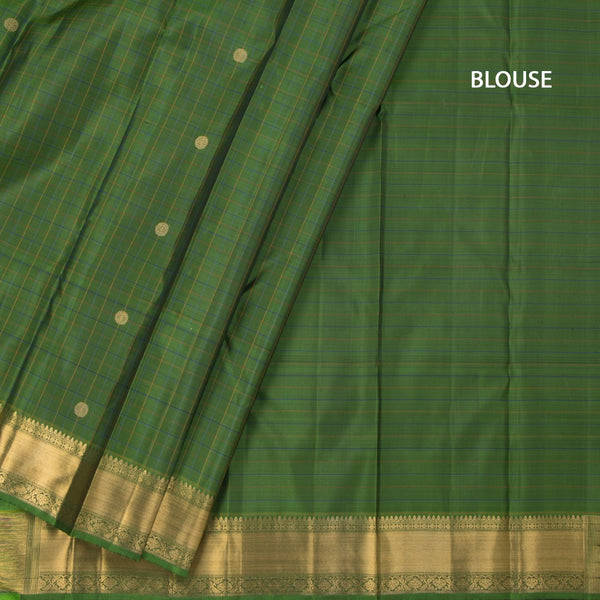 Parrot Green Thread Checked Silk Saree With Zari Buttas And Zari Border