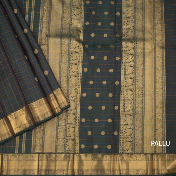 Bottle Green Checked Silk Saree With Peacock And Chakra Buttas And Zari Border