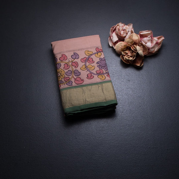 Light Peach Plain Silk Saree And Zari Border With Kalamkari Prints